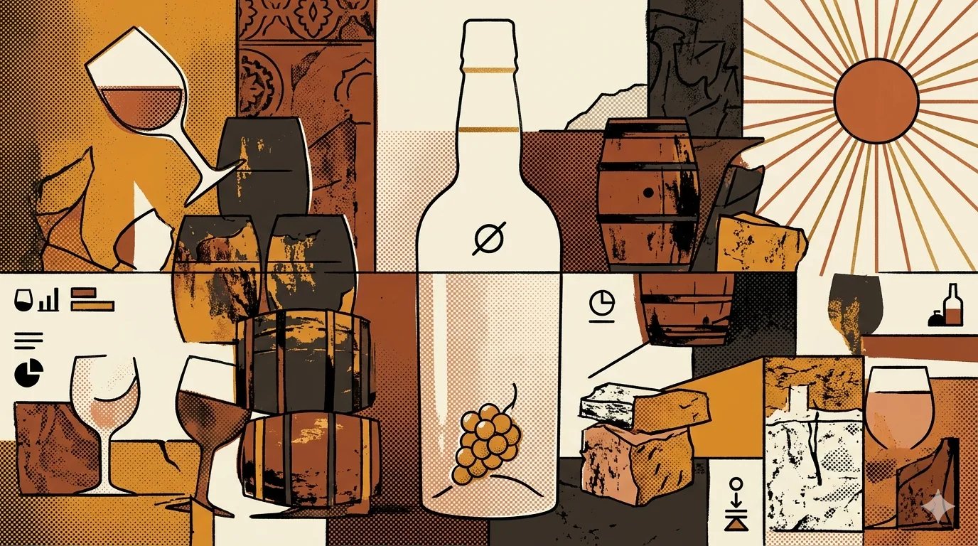 Editorial brutalist illustration of a fragmented sherry bottle from which a white wine glass rises above chalk-white albariza bedrock, intersected by a halftone grid band