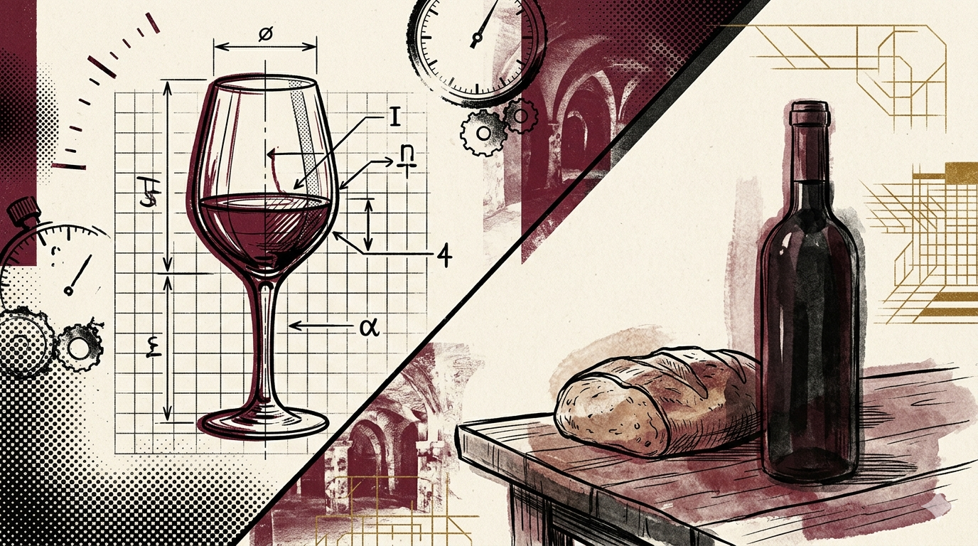 Illustration of a tasting glass with measuring lines next to a wine bottle on a table