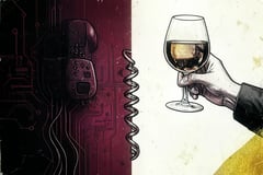 Brutalist illustration of AI in restaurants: a robotic phone facing a hand pouring wine