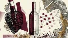 Brutalist illustration: a monolithic wine bottle split between solid mass and wireframe silhouette, hovering above a partially filled supply chain network over a fragmented Italian vineyard map