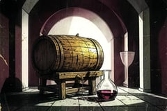 Brutalist illustration of a sherry cask and a garrafa jug in an old Sanlúcar bodega