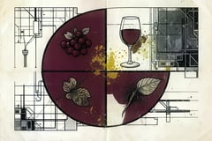 Burgundy moon disc quartered with a grape cluster, a leaf and a root, a wine glass beside it over a technical blueprint