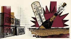 Thermometer and wine glass against a Champagne vineyard backdrop