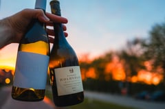 Glass of dry Tokaji white wine with vineyards of the Tokaj region in Hungary in the background