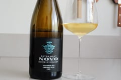Bottle of Domein Holset Novo 2022 Dutch sparkling wine with glass