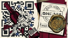 Brutalist illustration of a wine bottle split by a QR-code grid and dissolving EU stars