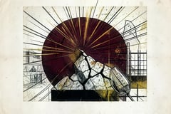 Brutalist illustration of an empty terrace in the heat with a bottle of rosé in an ice bucket