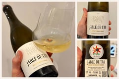 Bottle of Jable de Tao Blanco 2023 with a wine glass, front and back labels in collage