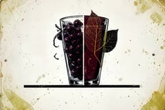 Brutalist illustration in deep burgundy and charcoal of a half-filled glass splitting into two halves, one with grapes and one with botanical shapes, over a halftone dot pattern.