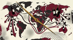 Brutalist illustration of a fragmented world map in deep burgundy and charcoal, wine bottles rising from different continents, halftone dot pattern across the oceans.