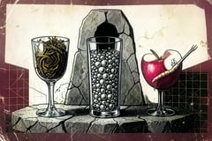 Three glasses holding tea, bubbles and apple-ginger beside a fractured monolith