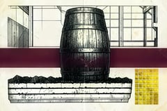 Brutalist illustration of a sherry cask cut across by a horizontal burgundy band, with a cross-section of white albariza soil beneath