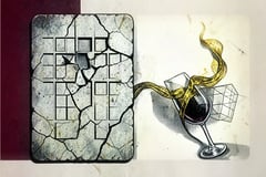Cracked stone tablet with empty boxes beside a wine glass pouring a golden ribbon, illustration about wine scores