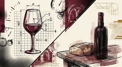 Illustration of a tasting glass with measuring lines next to a wine bottle on a table