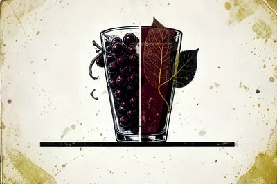 Brutalist illustration in deep burgundy and charcoal of a half-filled glass splitting into two halves, one with grapes and one with botanical shapes, over a halftone dot pattern.