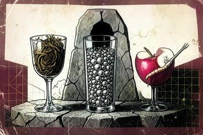 Three glasses holding tea, bubbles and apple-ginger beside a fractured monolith