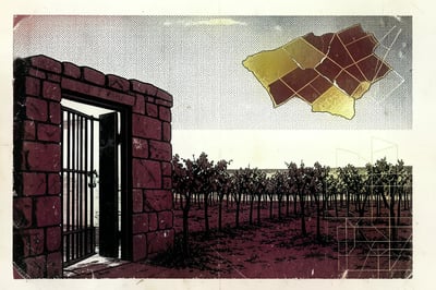 Brutalist illustration of an open iron gate in a burgundy stone wall, rows of vines beyond it and a cracked gold parcel map floating in the sky.