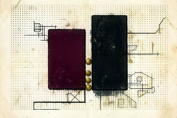 Brutalistische illustratie in oxblood en cream van twee gescheiden stapels, waarvan er een veel hoger is, verbonden door een dunne brug