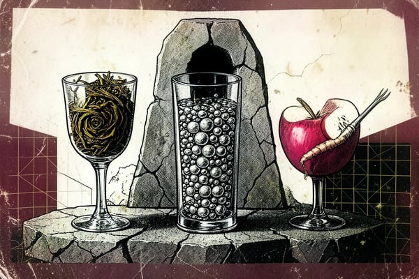 Drie glazen met thee, bubbels en appel-gember naast een gebroken monoliet