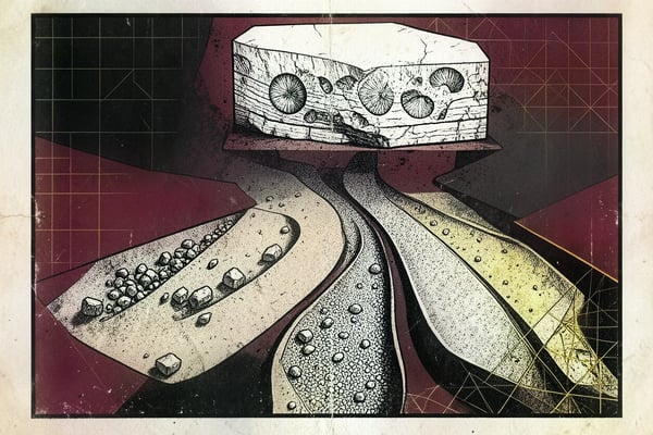 Editorial brutalist composition: a river bend splitting into seven streams, each with a different stone pattern, halftone texture