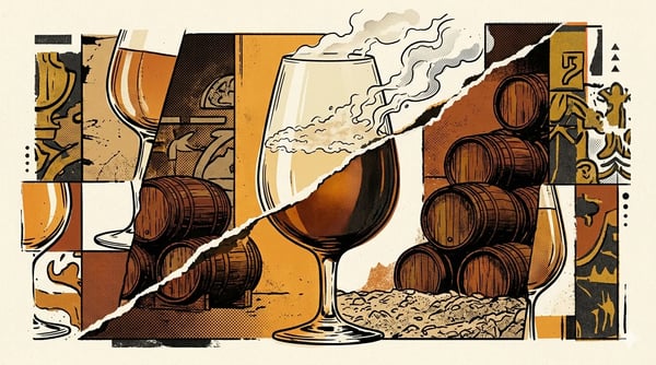 Editorial brutalist illustration of a two-stage sherry barrel: a white flor layer breaking apart on the left, an amber oxidative cask on the right, in burgundy, cream and oxidized gold