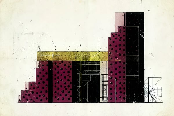 Editorial brutalist composition: eight columns of varying height rising like a price ladder, halftone texture and ascending bubbles