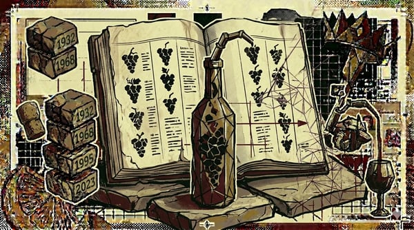 Open ledger with grape silhouettes and surveyor frames, brutalist composition