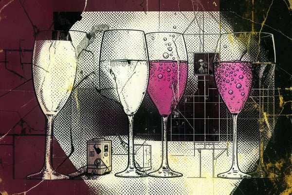 Eight Champagne bottles in a row from Brut Nature to Rosé, editorial brutalist style