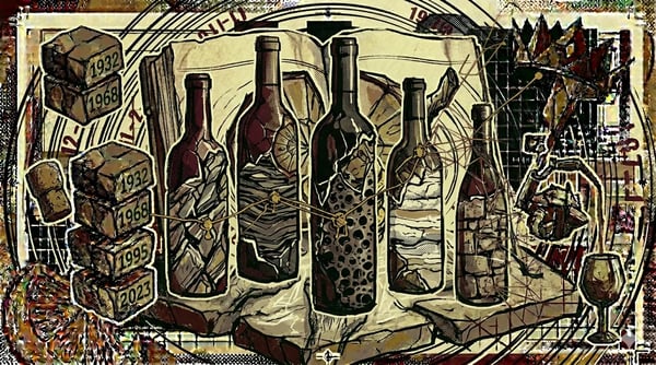 Five fractured bottle silhouettes at staggered heights, each on a different bedrock pattern, brutalist composition