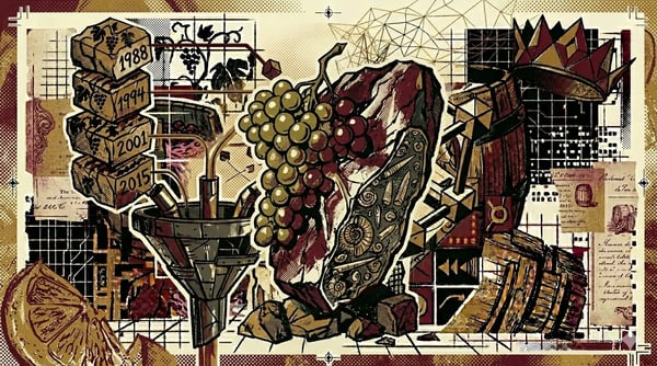 Grape cluster fused with a slab of belemnite chalk, fossils visible inside, brutalist composition