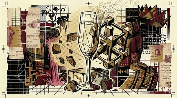 Sugar crystal lattice fused with a champagne flute outline, brutalist composition