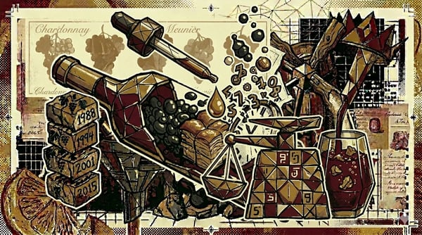 Apothecary dropper releasing a drop above a bottle neck, sugar scale in geometric tiles, brutalist composition