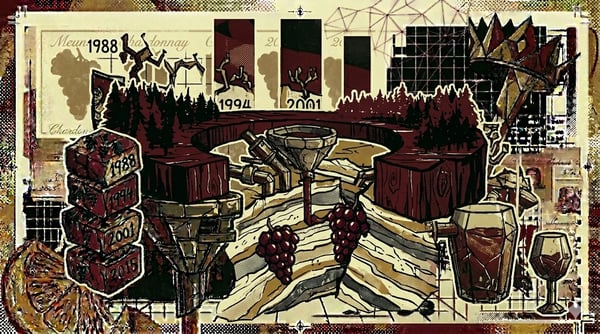 Wooded plateau arc of the Montagne de Reims with Pinot Noir vineyards, brutalist landscape composition