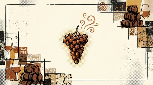 Editorial brutalist illustration of a Moscatel grape cluster above sandy arenas soil, with an Atlantic horizon and fragmented sherry barrels in burgundy, cream and oxidised gold