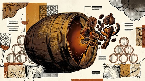 Editorial brutalist illustration of a weathered oloroso sherry cask with mahogany wine, oxidative aging in solera, fragments and gold accents