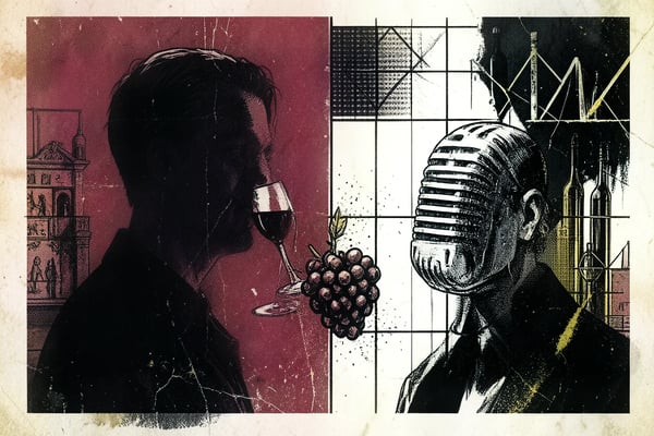 Diptych portrait of a wine journalist and podcast host, editorial brutalist style