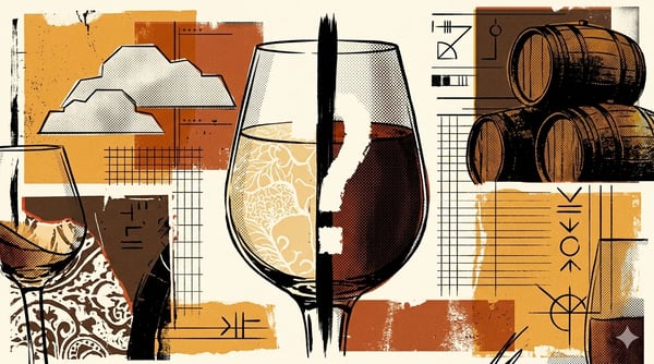 Editorial brutalist illustration of a split sherry barrel with chalk mark, half showing fine flor layer and half showing dark oxidative core, as a metaphor for Palo Cortado between Amontillado and Oloroso