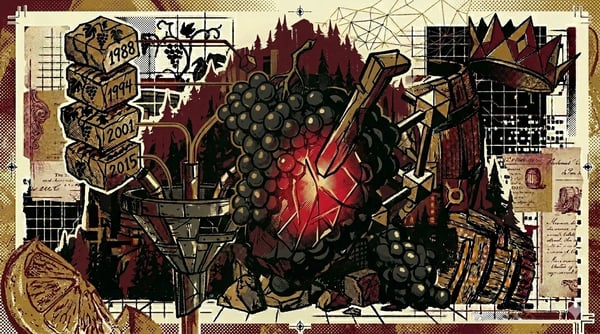 Dense black grape cluster anchored on a forested hillside with a blood-red core showing through a fractured stem, brutalist composition