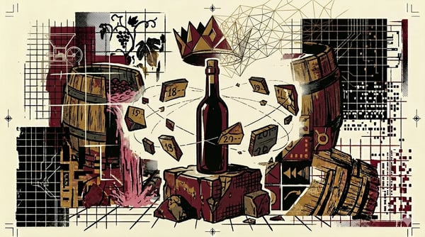 Brutalist chalk plinth holding a single bottle silhouette with orbiting vintage years, brutalist composition