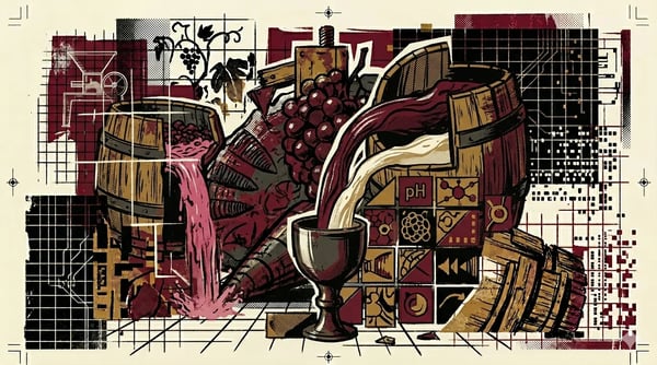 Two press vats split in two, one maceration and one assemblage stream, brutalist composition