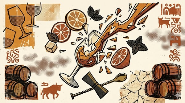 Editorial brutalist illustration of three cocktail glasses filled with sherry, halftone texture and deep red accents