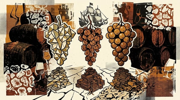 Editorial brutalist illustration of three grape clusters above white albariza soil under the Andalusian sun