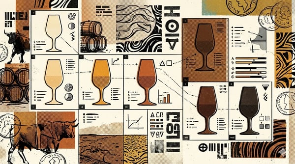 Brutalist illustration of sherry casks under a flor layer, split by a crystalline fracture line