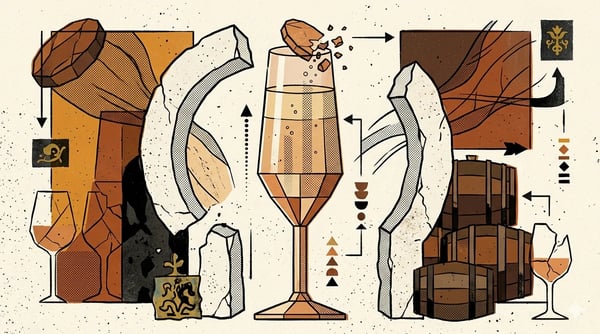 Brutalist illustration of a palomino grape splitting open with rising bubbles above albariza chalk soil