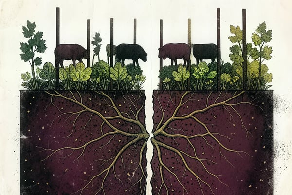 Vineyard with dense cover crops between the rows, sheep grazing, and a cross-section of living soil full of roots