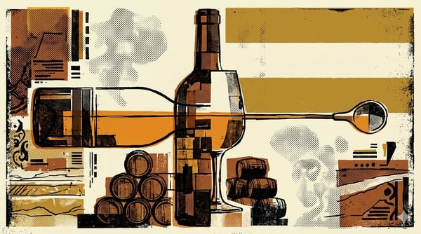 Brutalist editorial illustration of a sherry barrel cut through chalk-white albariza soil with flor yeast as a geometric layer on top