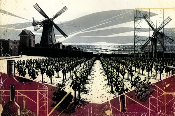 Brutalistische illustratie van een Zeeuwse kustwijngaard met molens, wijngaardrijen naar de Noordzee en druiventrossen