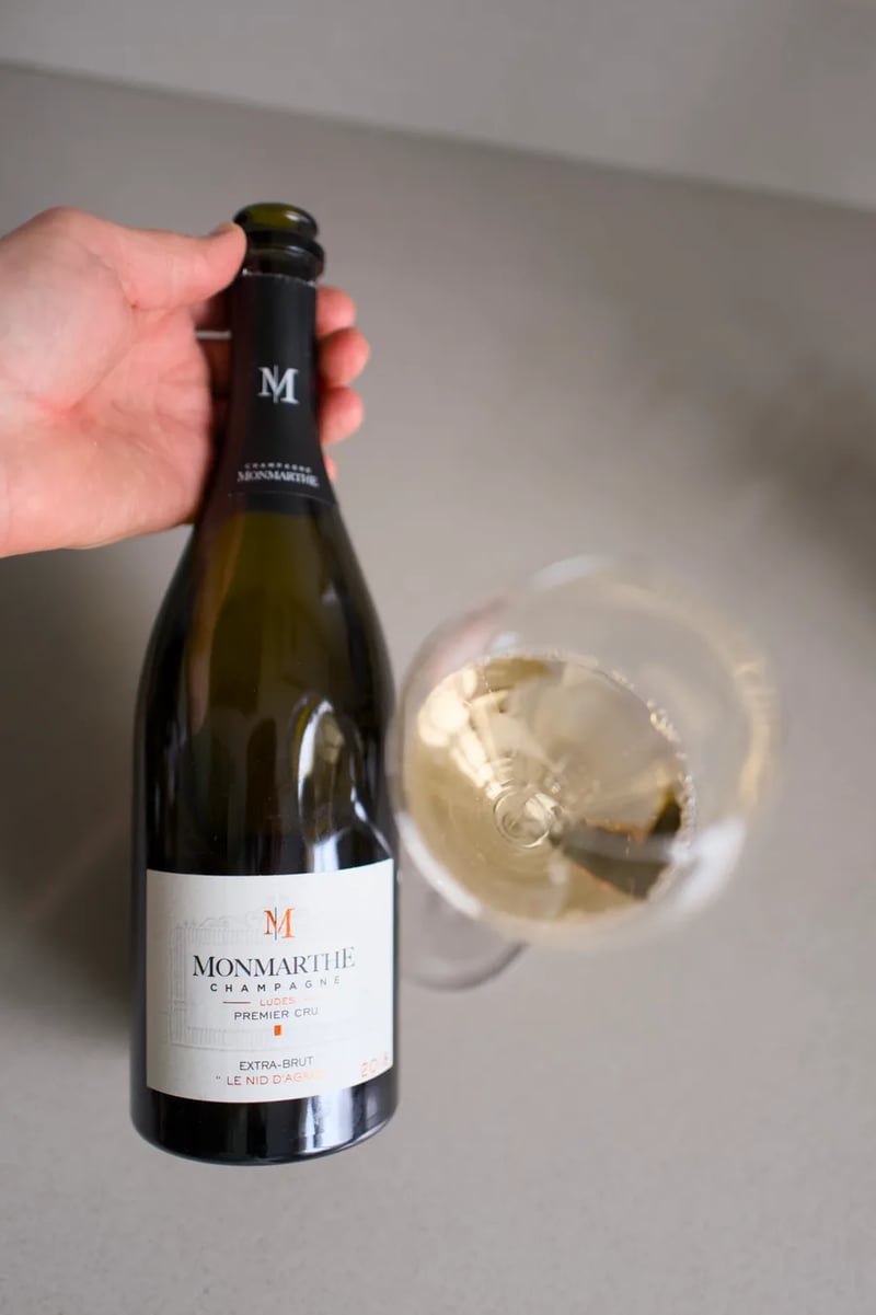 Hand holding a bottle of Champagne Monmarthe Le Nid d'Agace 2018