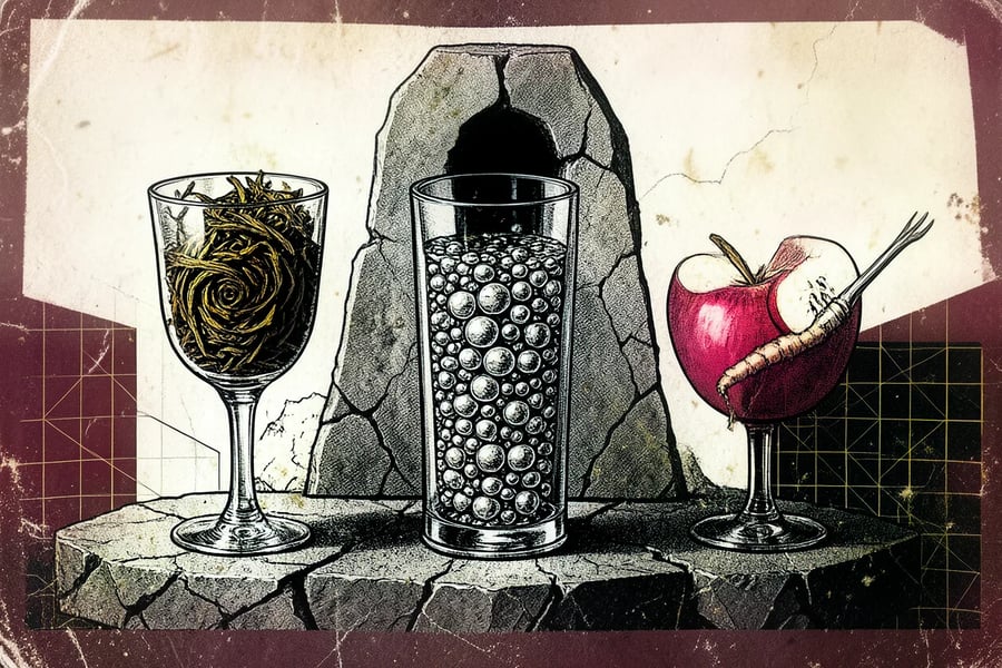 Three glasses holding tea, bubbles and apple-ginger beside a fractured monolith