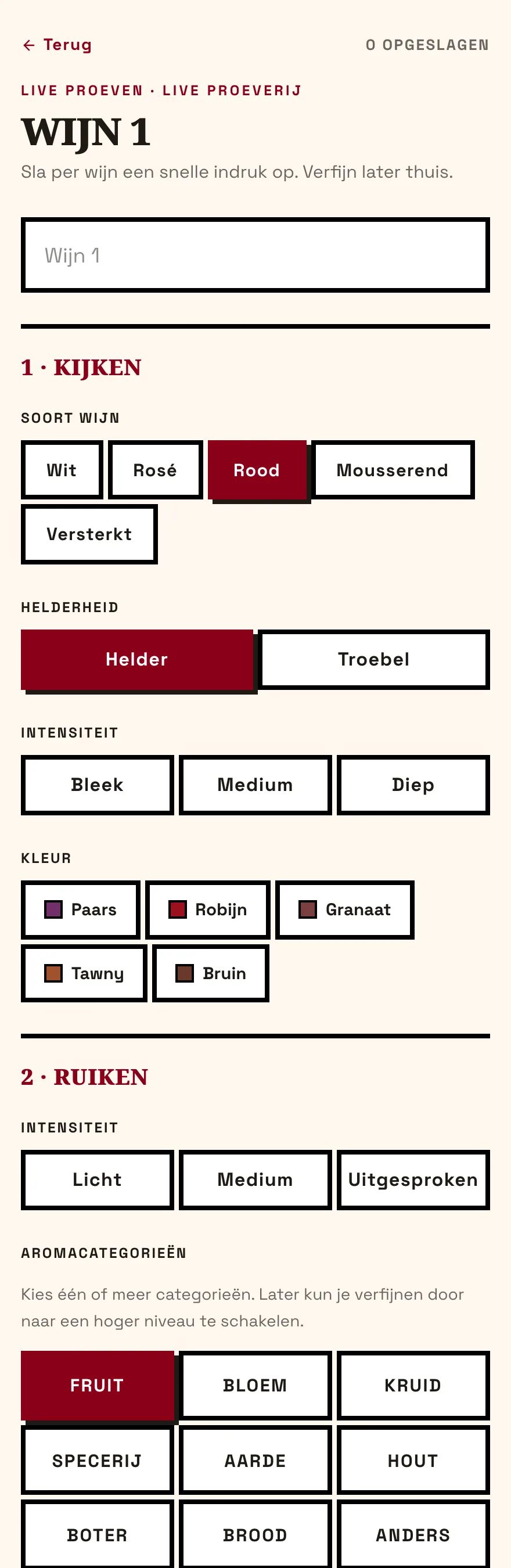 De live-modus: per wijn een kaart met tap-knoppen, in de volgorde kijken, ruiken, proeven